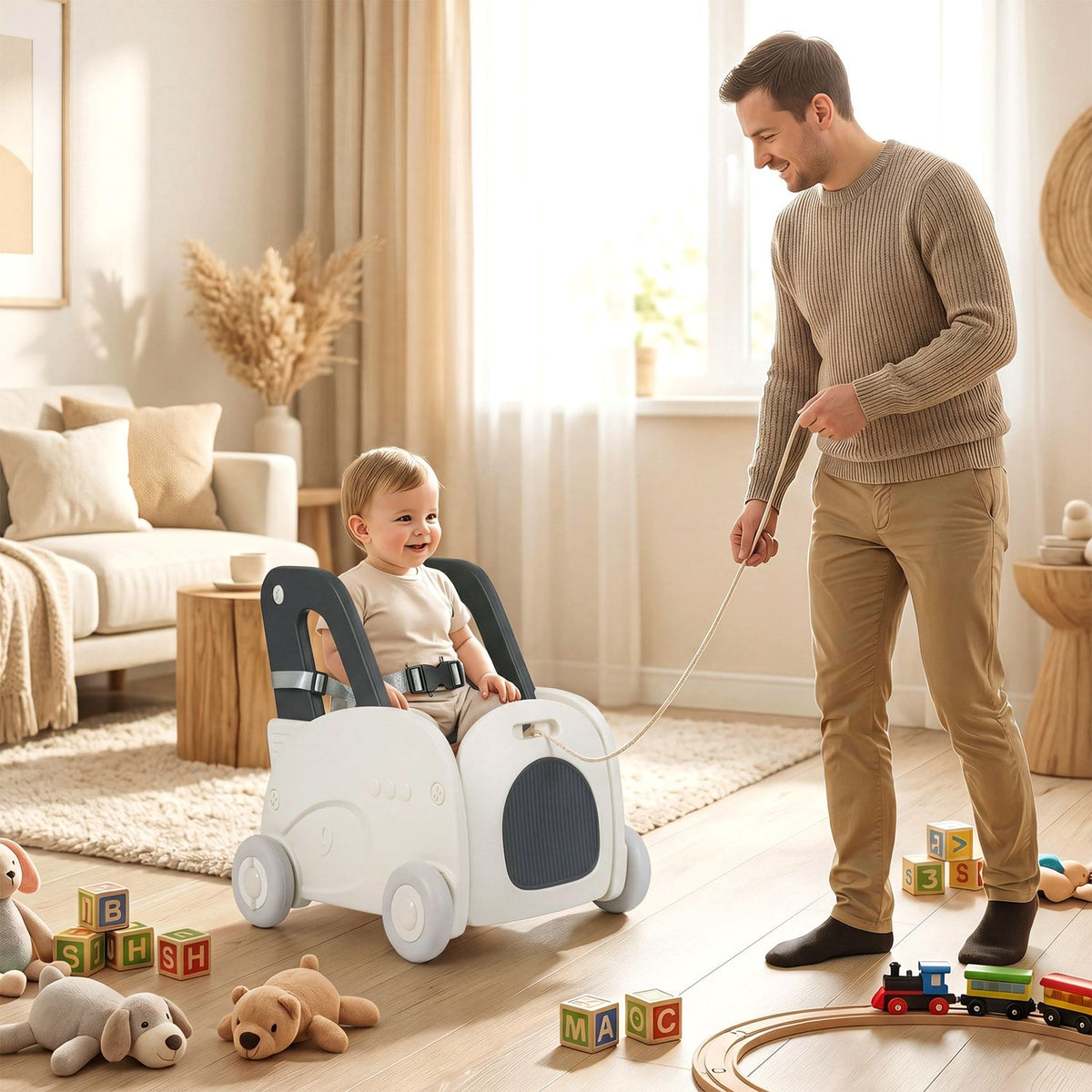 4-in-1 Baby Car Shape Toddler Toy Box with Wheels and Tip-up Seat