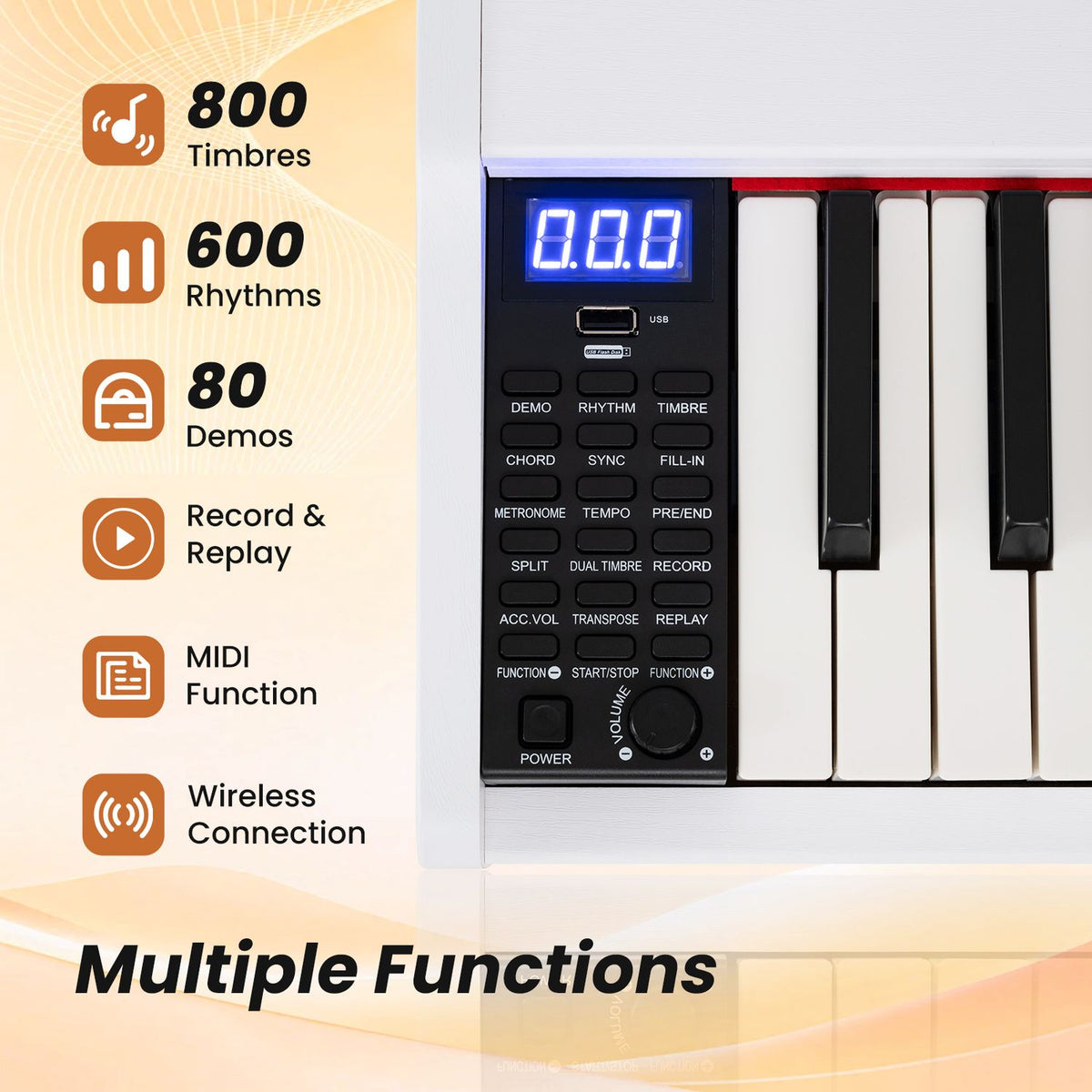 88-Key Portable Digital Piano Keyboard with Stand and Full-Size Semi-Weighted Keys-Black + White