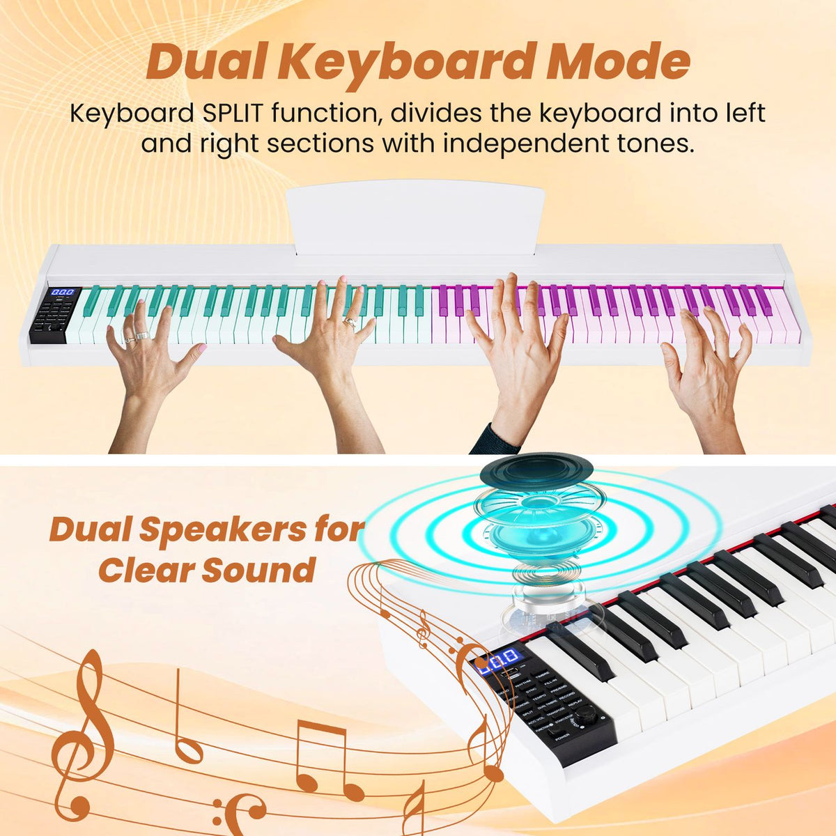 88-Key Portable Digital Piano Keyboard with Stand and Full-Size Semi-Weighted Keys-Black + White