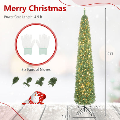 9 Feet Pre-lit Pencil Artificial Christmas Tree with 1032 Full Branch Tips