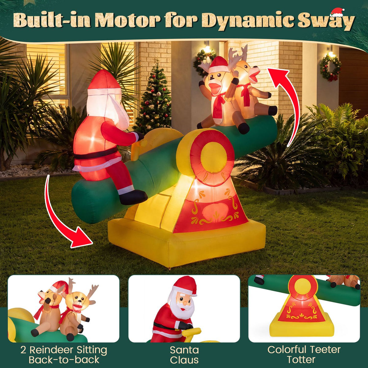 5.5 FT Inflatable Christmas Teeter Totter Outdoor Decoration with Built-in LED Lights for Garden Yard
