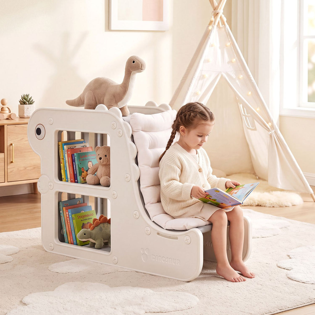 2-in-1 Kids Bookshelf with Padded Cushion and Open Cubbies
