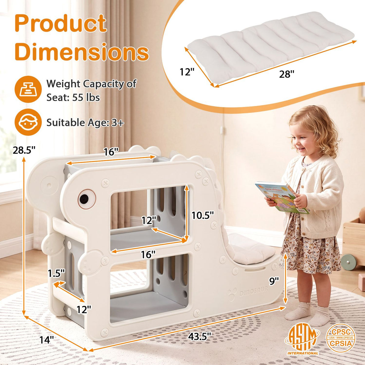 2-in-1 Kids Bookshelf with Padded Cushion and Open Cubbies