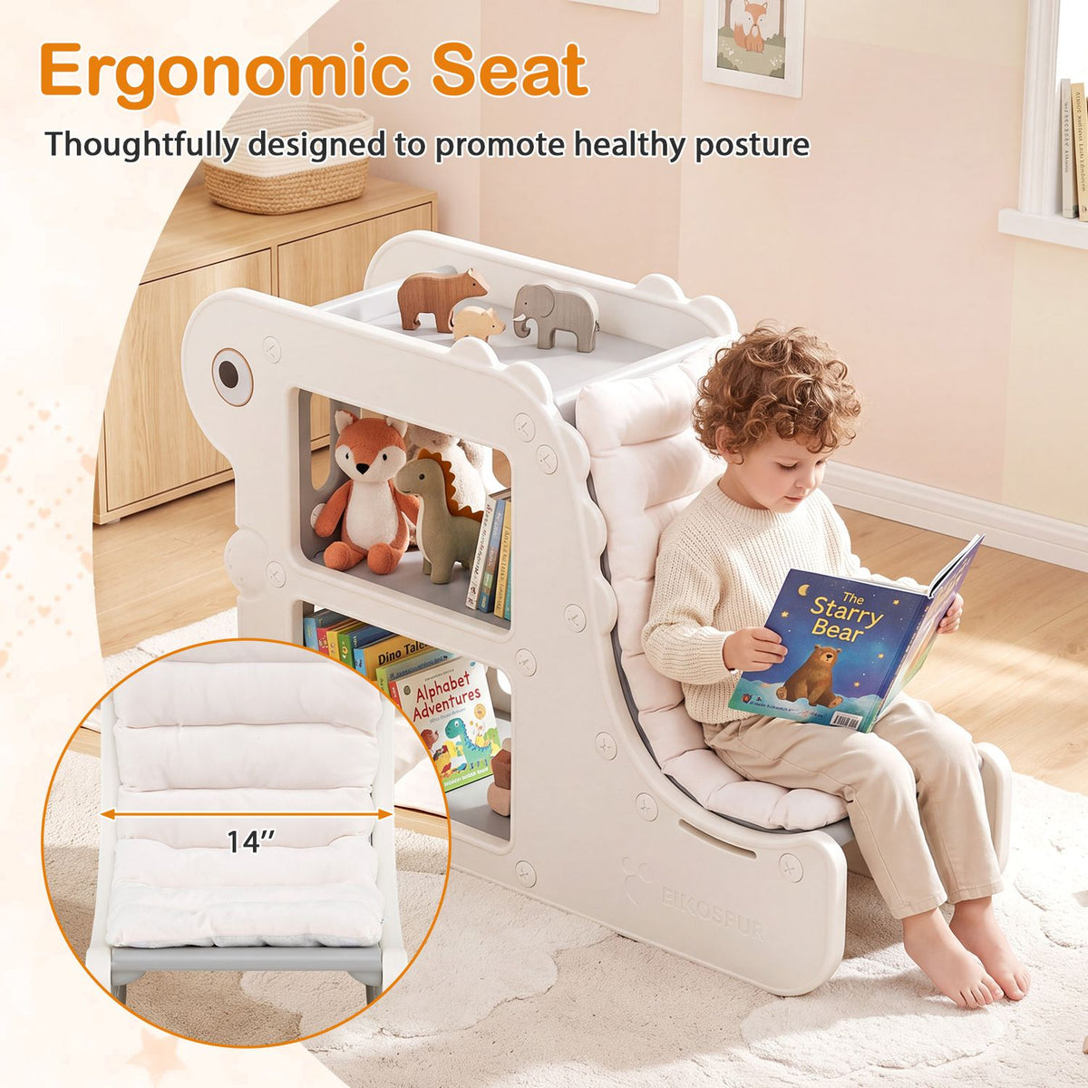 2-in-1 Kids Bookshelf with Padded Cushion and Open Cubbies