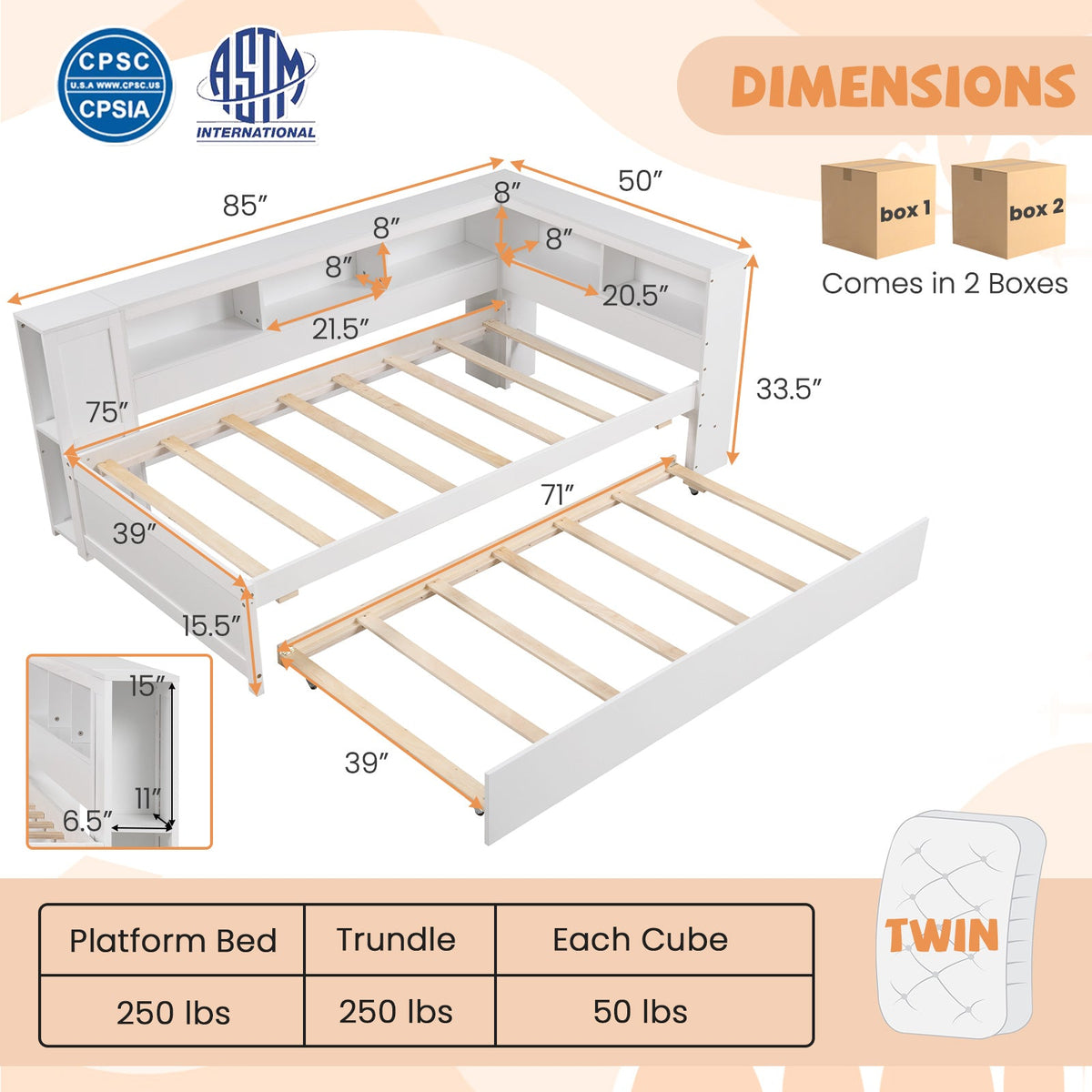 Twin Size Daybed Platform Bed Frame with Trundle and Bedside Shelves-White
