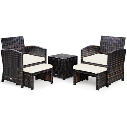 5 Pieces Patio Rattan Furniture Set with Ottoman and Tempered Glass Coffee Table-Gray