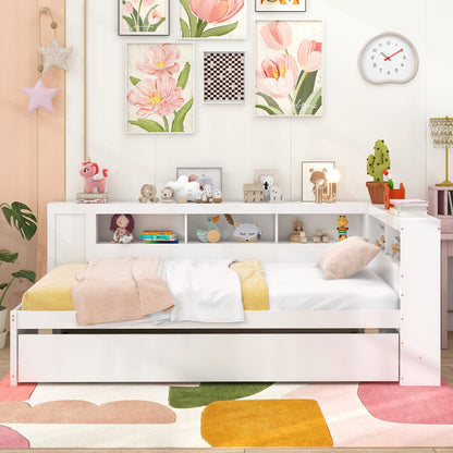 Twin Size Daybed Platform Bed Frame with Trundle and Bedside Shelves-White
