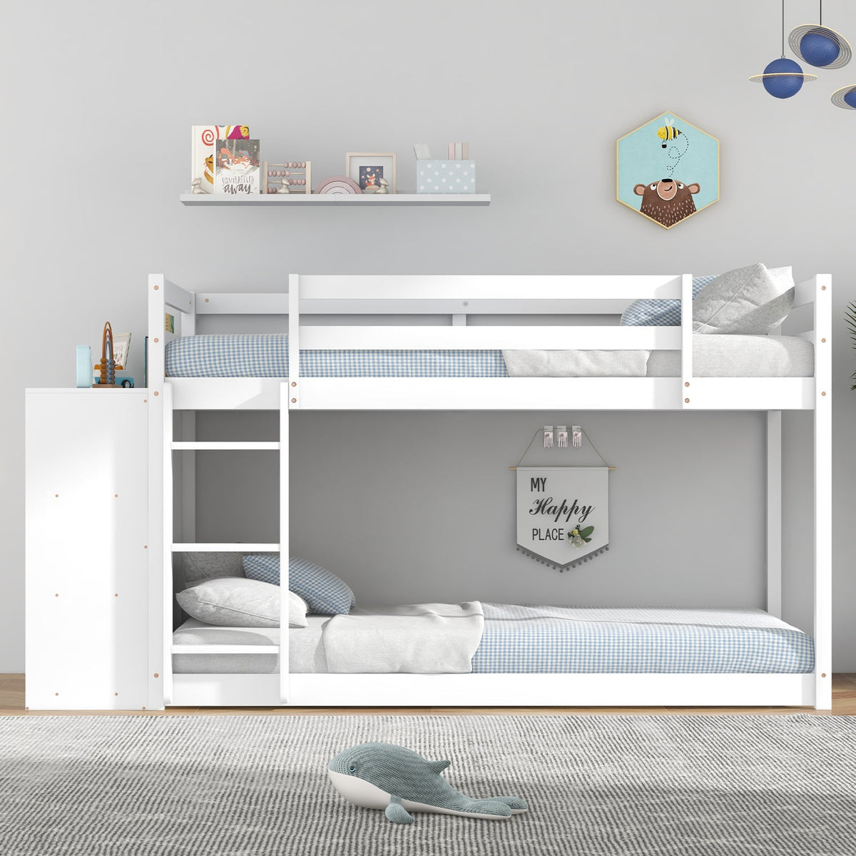 Twin Size Bunk Bed with Convertible Bookcase and Ladder-White