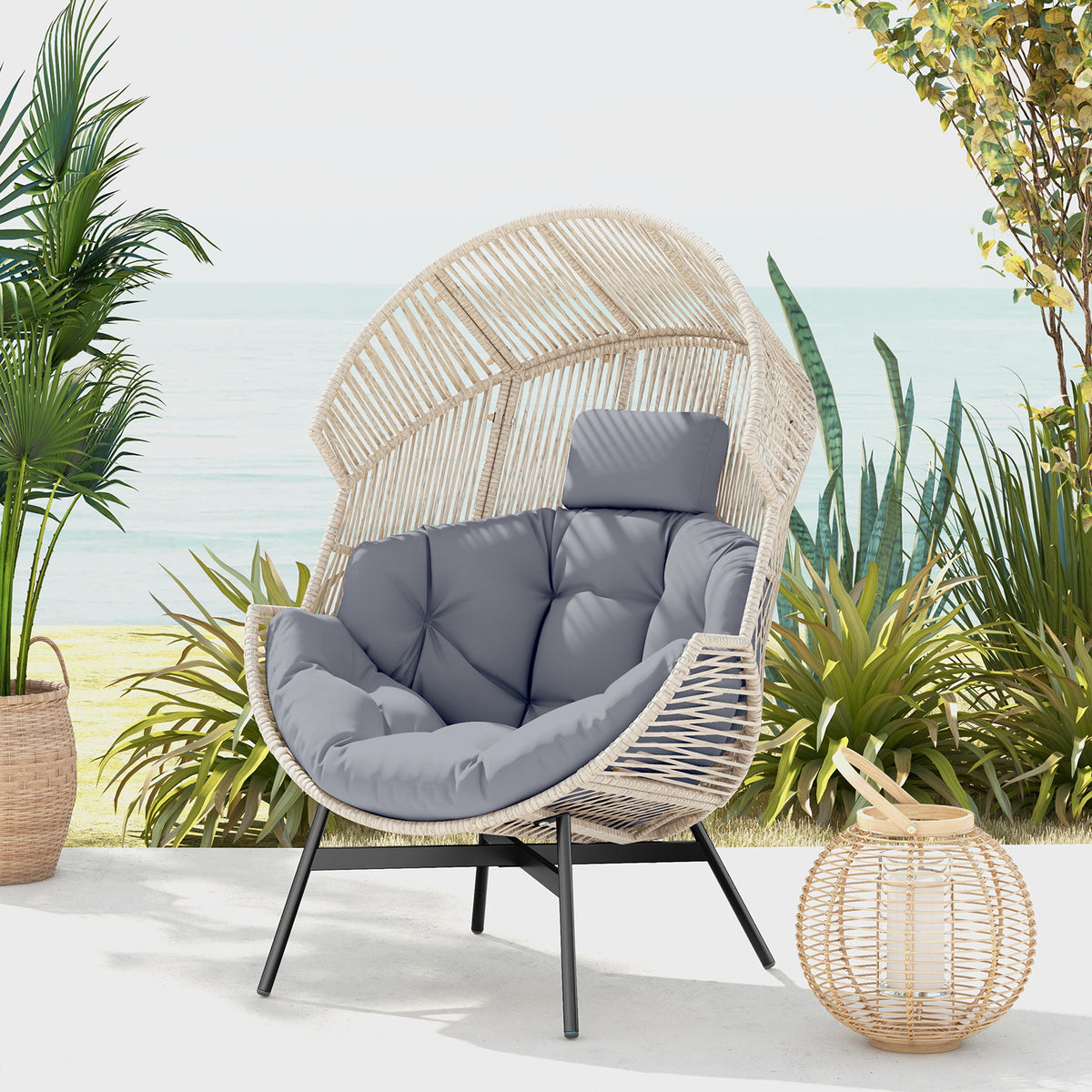 Oversized Wicker Egg Chair with Cushions and Headrest