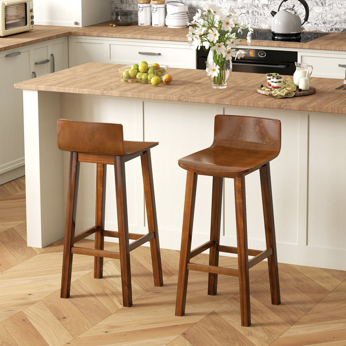 29 Inch Wood Bar Stools Set of 2 with Solid Back and Seat-Walnut