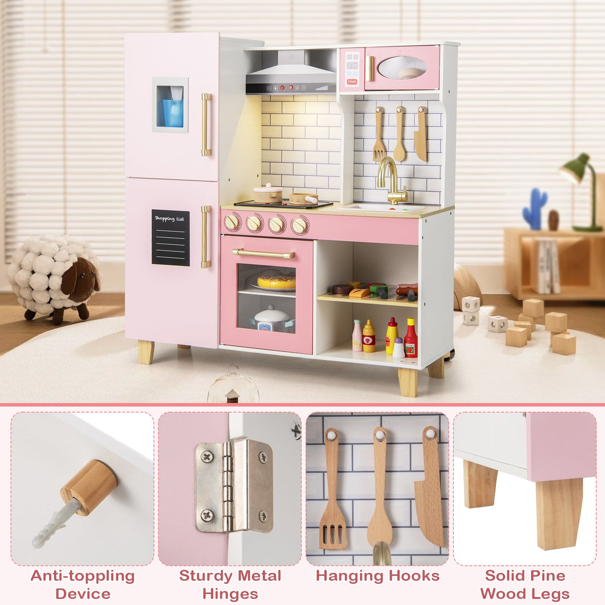 Wooden Pretend Play Kitchen with Ice Maker Range Hood and Blackboard-Pink